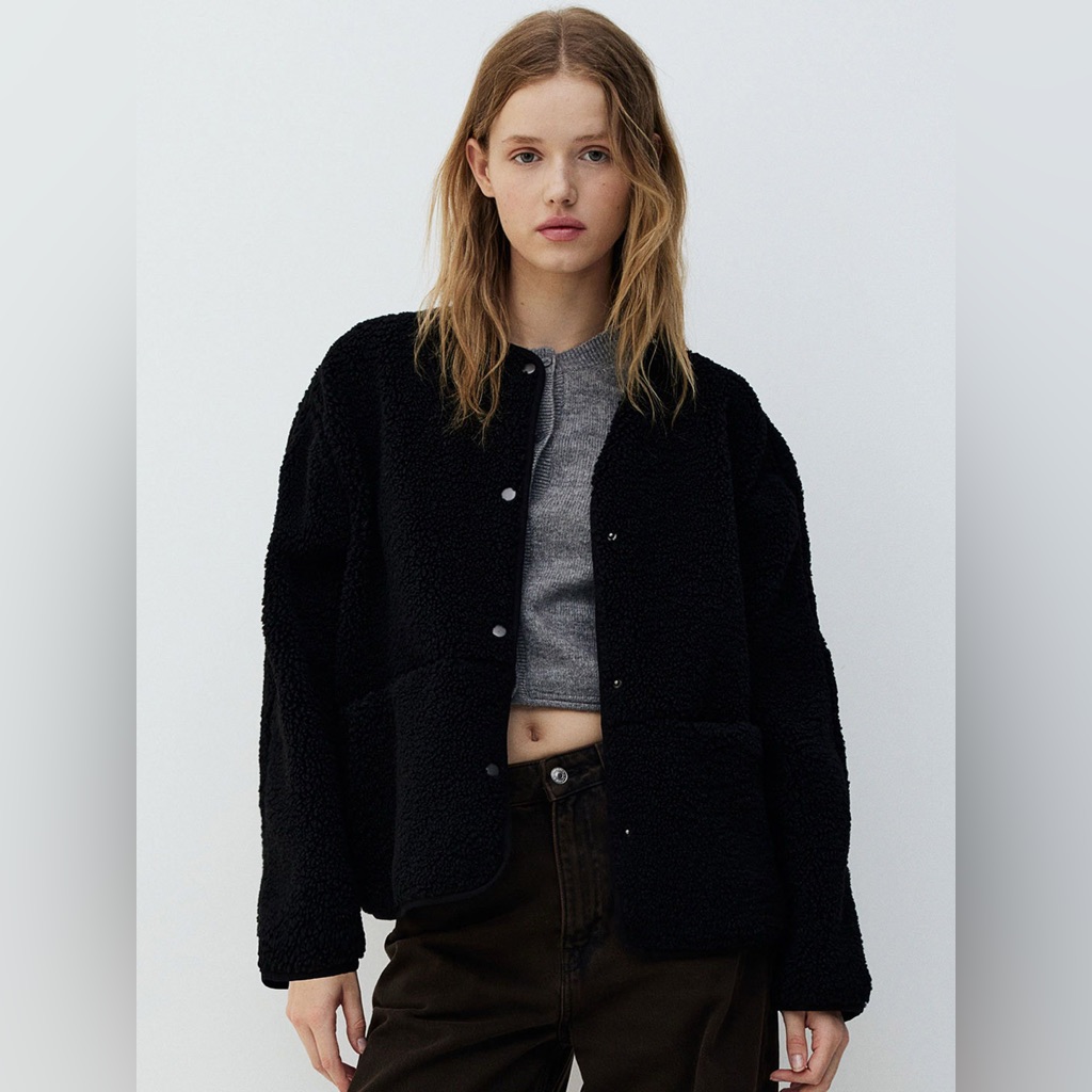Nwt H&M Teddy Fleece Jacket Coat Cardigan In Black, Women’s Xs